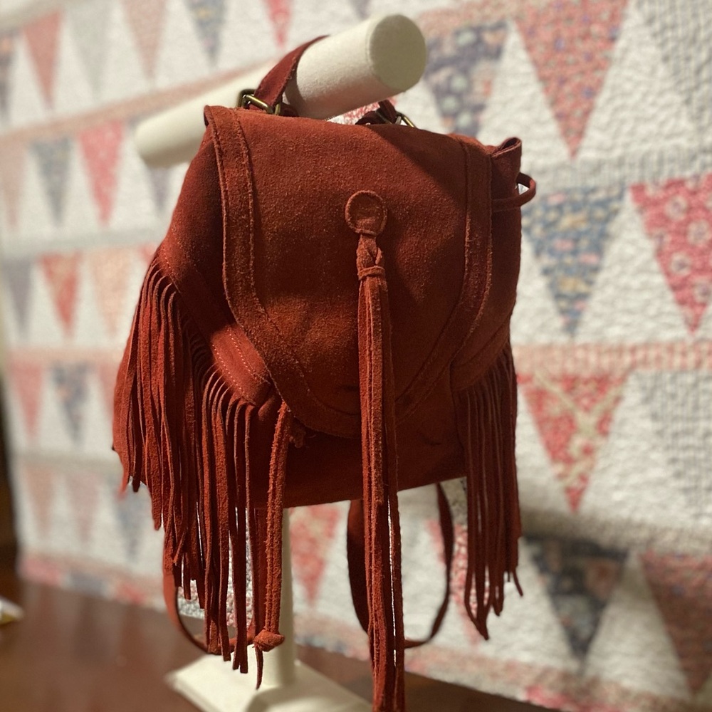 Ecoté Red Suede Fringe Backpack/Crossbody Purse with Drawstring